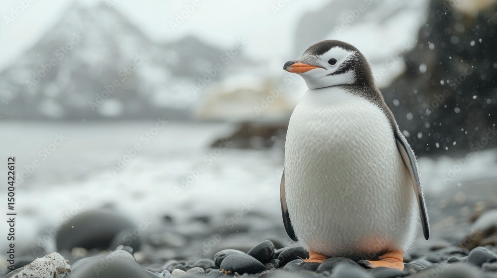 Obraz premium Adorable Gentoo Penguin Chick on Antarctic Coastline in Snow