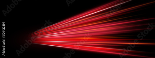 High speed red light trails on night road. Motion blur, neon glow and laser streaks create futuristic energy effect. Abstract vector background for cyber, race or tech themes.