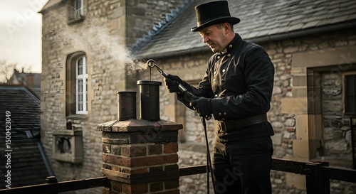 Professional Chimney Sweep Cleaning and Maintaining Brick Chimneys on a Historic Building
