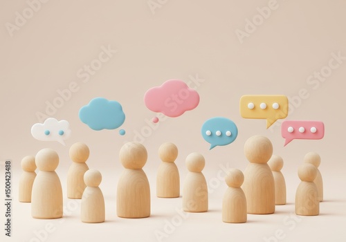 3D Illustration of Wooden Figures with Colorful Speech Bubbles in a Neutral Background