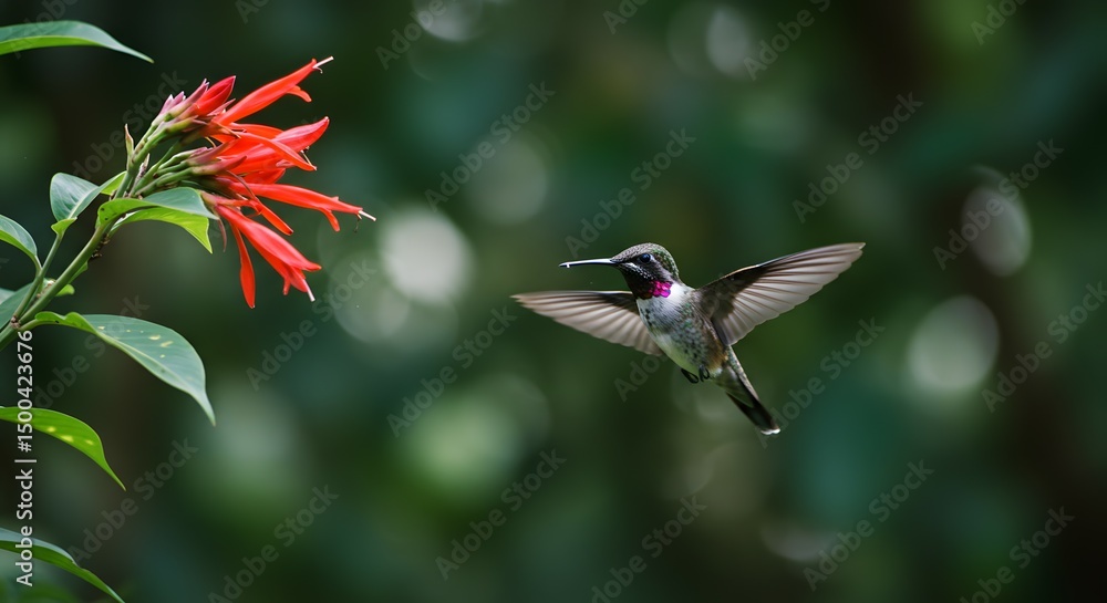 Obraz premium Hummingbird in Flight Hovering Near Vibrant Red Flower in Lush Green Nature Photography