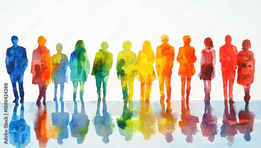 Obraz premium Colorful silhouettes of people in a row, with vibrant watercolor reflections