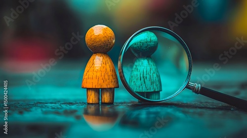 Wooden Figurine and Magnifying Glass Reveal Self Discovery and Identity Exploration