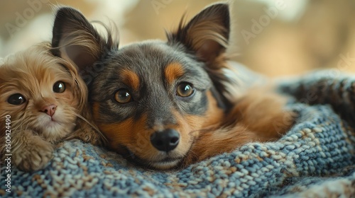 Adorable Dog and Puppy Cuddled Together Under a Cozy Blanket