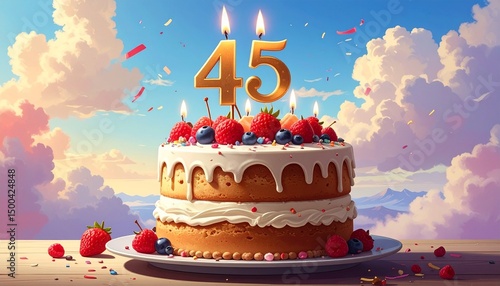 45 years. Birthday Anniversary Sweet Cake. An anniversary greeting card or banner