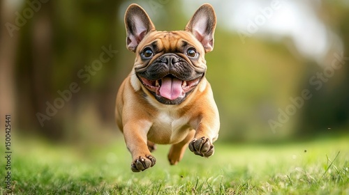 Fototapeta Naklejka Na Ścianę i Meble -  Joyful French Bulldog Running in a Green Park