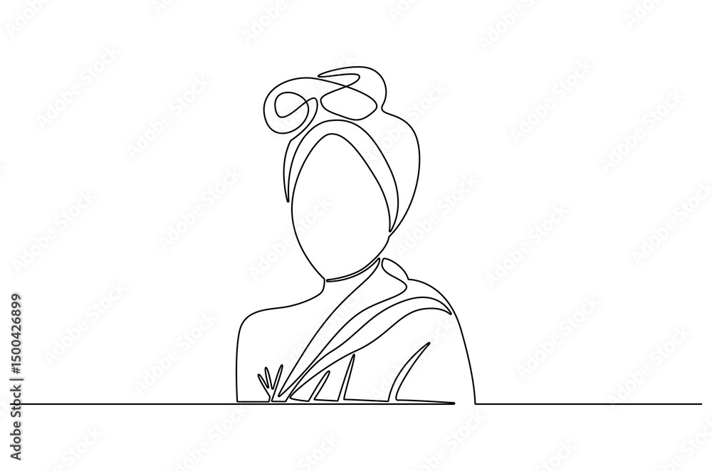 Obraz premium Continuous one line drawing of Beautiful woman with towel. Single line drawing illustration of Sensual woman with towel on head. International Beauty day concept vector art. Doodle line illustration.
