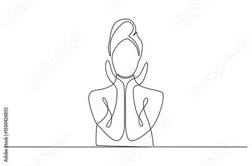 Continuous one line drawing of Beautiful woman with towel. Single line drawing illustration of Sensual woman with towel on head. International Beauty day concept vector art. Doodle line illustration.
