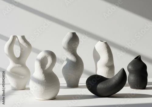 Abstract Ceramic Vases In White And Black With Textured Surfaces and Shadow Play