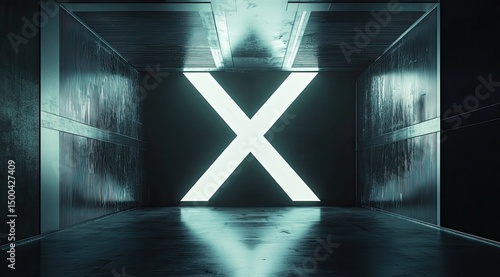 Wallpaper Mural Grungy, metallic corridor with a luminous, large 'X' centered on the far wall, reflecting on a wet floor.  Teal and dark tones dominate Torontodigital.ca
