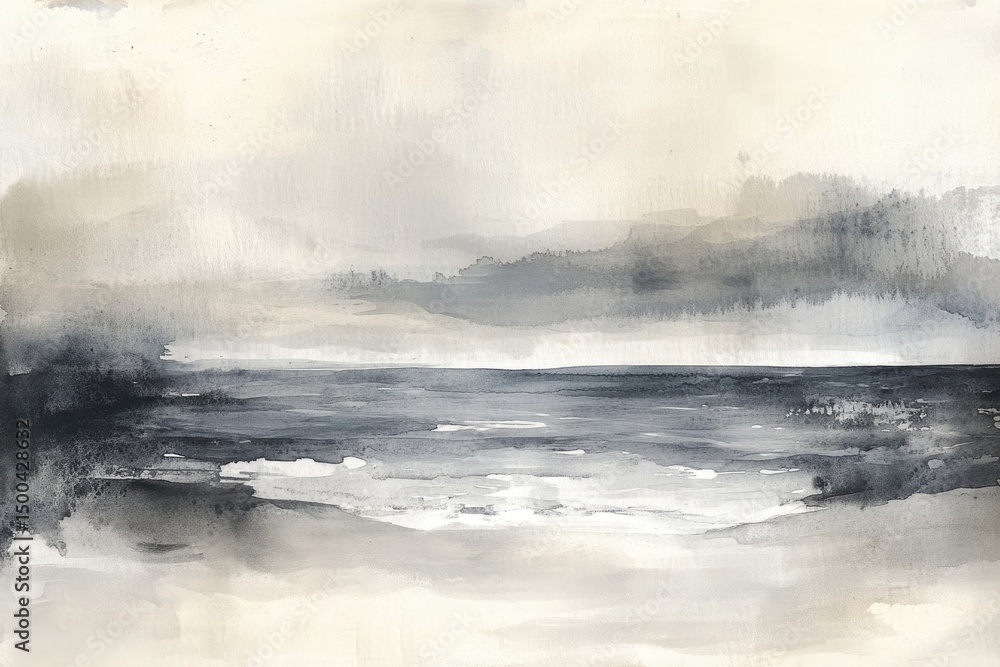 Watercolor seascape, muted tones. Soft, hazy landscape with a beach, ocean, and distant mountains. Grayish-blue hues dominate, with subtle beige and brown accents. Watercolor seascape, muted tones. Soft, hazy landscape with a beach, ocean, and distant mountains. Grayish-blue hues dominate, with subtle beige and brown accents.