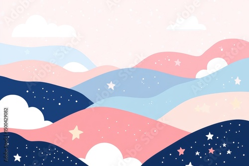 Pastel hills, clouds, stars, soft colors, simple design