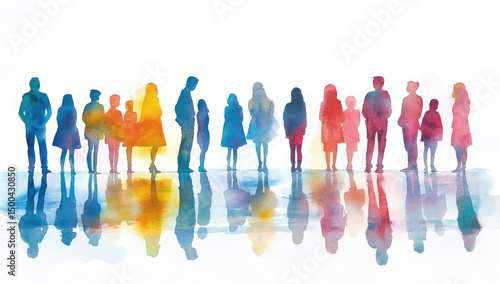 Watercolor silhouettes of a diverse group of people standing in a line, with reflections