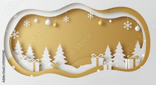 Christmas Holiday Background with Gold and White Paper Cut Decorations