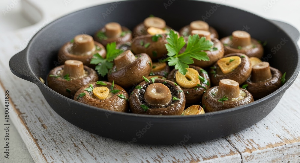 Close-Up Photo of Saut?ed Mushrooms in Black Frying Pan on Wooden Background Close-Up Photo of Saut?ed Mushrooms in Black Frying Pan on Wooden Background