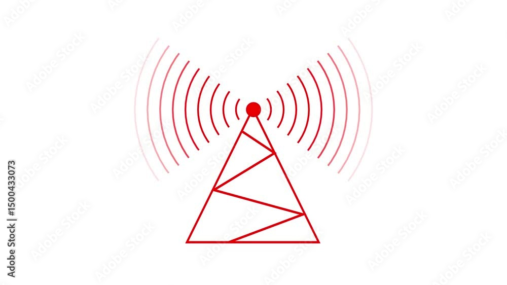 Radio tower emitting signals for wireless communication. Animated red ...