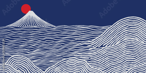 Hand drawn brush lines abstract waves and water and stones with Fuji mountain panorama background, Japanese folk, ethnic wood carving, block print texture banner, simple graphic for decoration