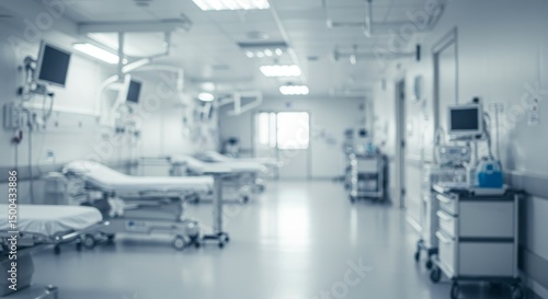 Blurred Hospital Corridor with Medical Beds and Equipment Photo