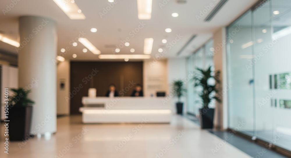 Fototapeta premium Blurred Office Reception Area with White Desk and People Photo