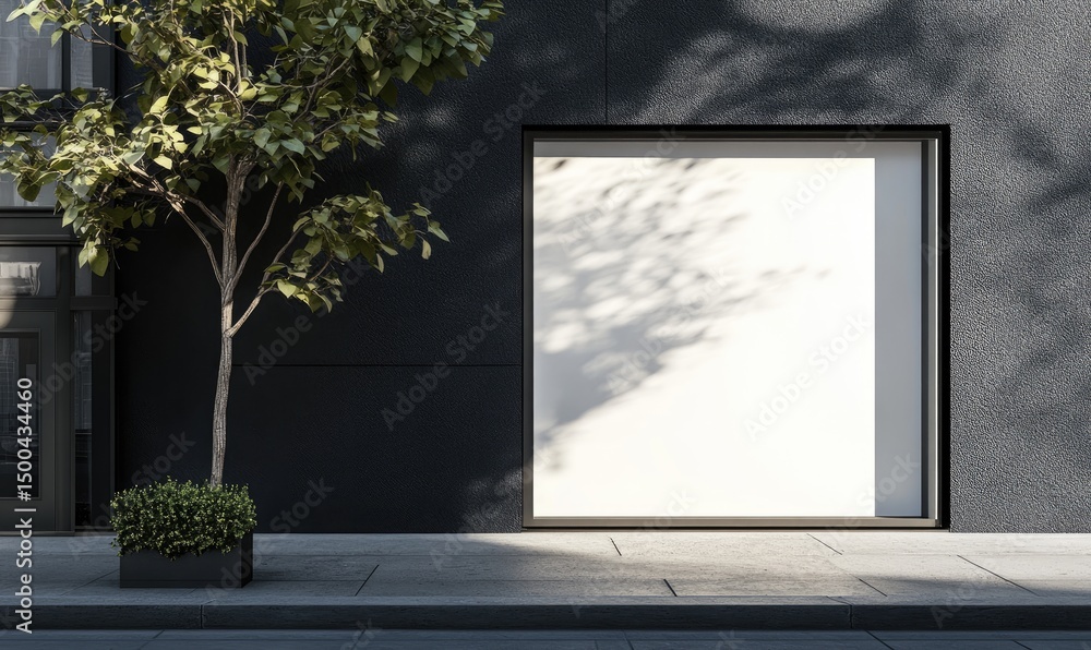Fototapeta premium A minimalist storefront with a blank white square display window, set against a dark grey textured wall, partially shaded by a tree and its leaves. A small bush sits in a planter beside the wall