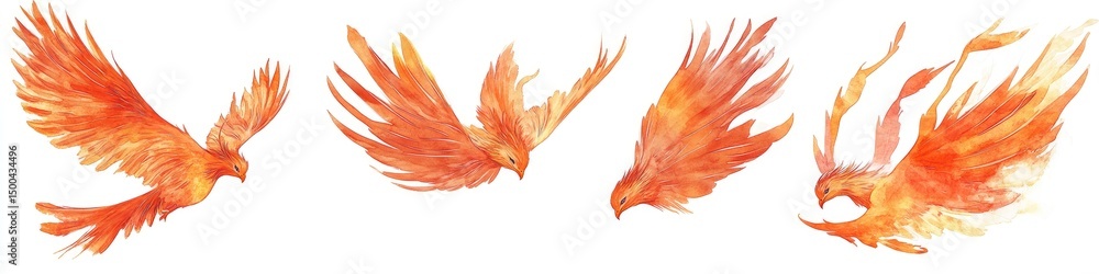Fototapeta premium Four fiery birds in flight
