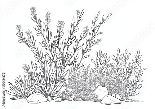 Illustrazione botanica in bianco e nero di arbusti