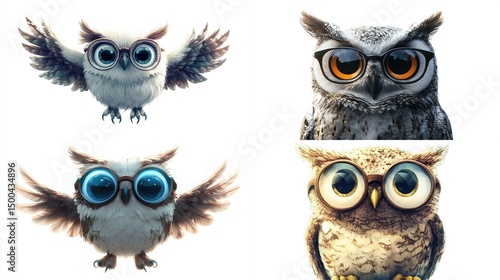 Wallpaper Mural Four adorable cartoon owls, two in flight, two perched, all wearing round glasses; variations in plumage color and expression Torontodigital.ca