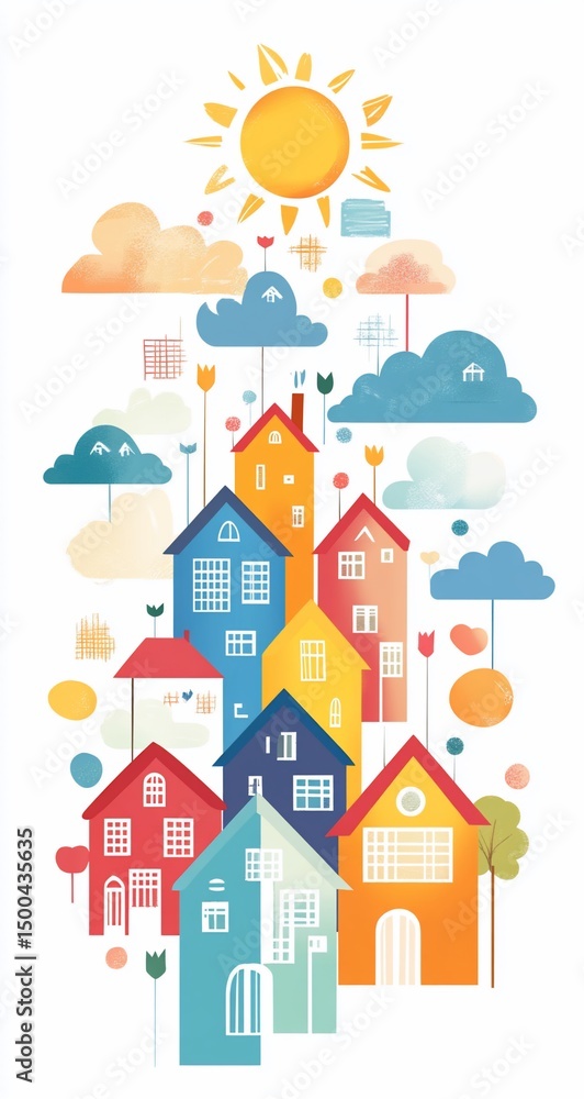 Colorful houses with sunny sky, and clouds. Colorful houses with sunny sky, and clouds.