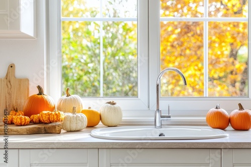 Autumnal kitchen countertop with pumpkins and a window view