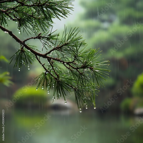 Wallpaper Mural Rain-laden pine branch, droplets clinging to needles, hangs over a blurred, tranquil pond and lush greenery in the soft rain Torontodigital.ca