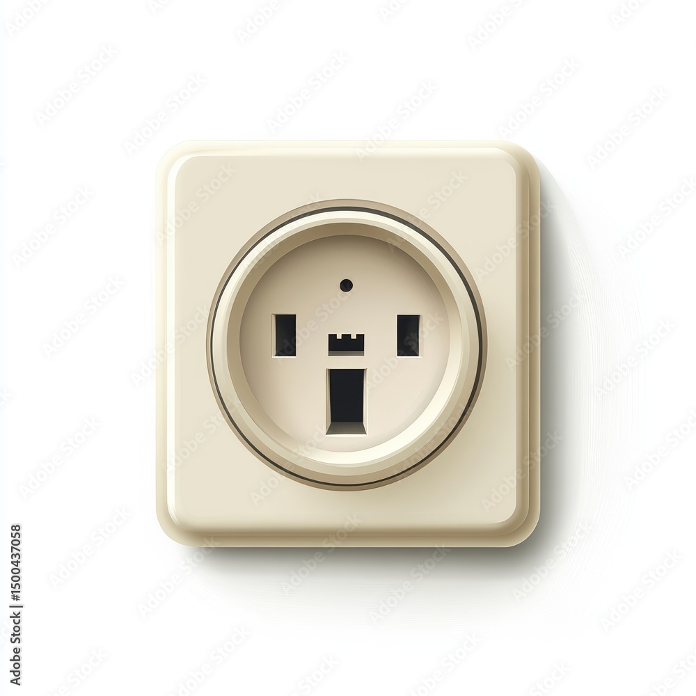 Cream-colored square electrical outlet with three vertical slots and a ground pin, shown against a white background, casting a subtle shadow Cream-colored square electrical outlet with three vertical slots and a ground pin, shown against a white background, casting a subtle shadow