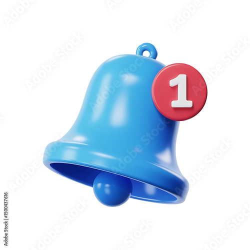 3d blue notification bell icon showing one alert badge isolated on transparent background. Png