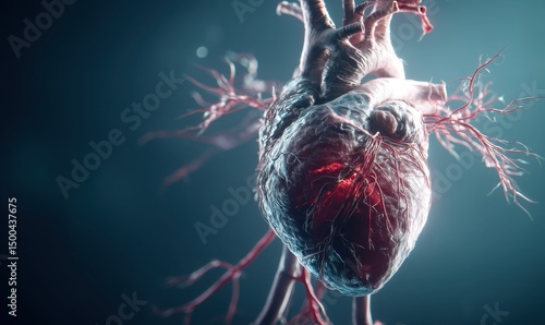 Cuore umano, anatomia dettagliata, rendering 3D