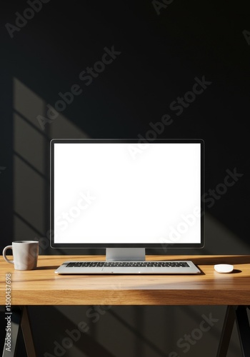 Minimal Workspace with Computer Keyboard and Cup on Wooden Desk Photo