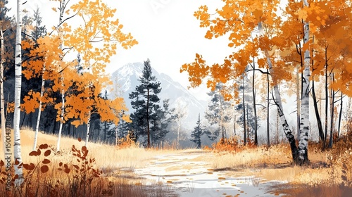 Autumn Forest Path to Mountains