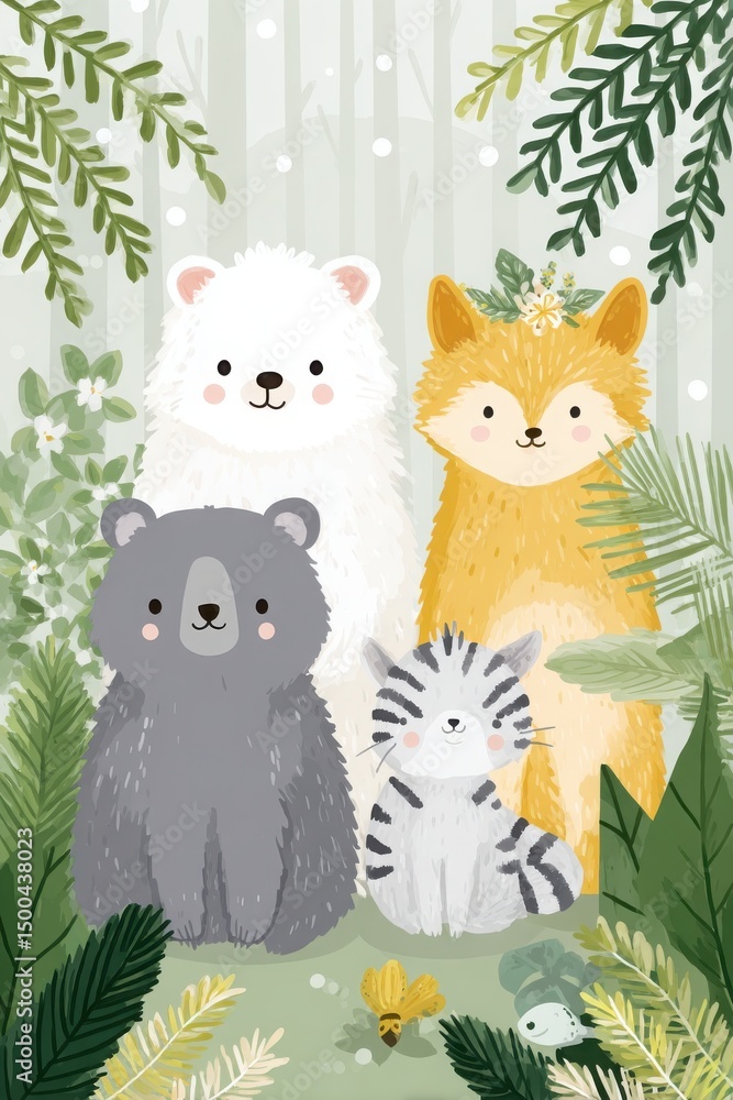 Obraz premium Adorable Cartoon Forest Animals with Green Foliage Background