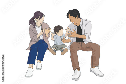 ベンチに座ったパパとママと子供が楽しそうにしているイラスト