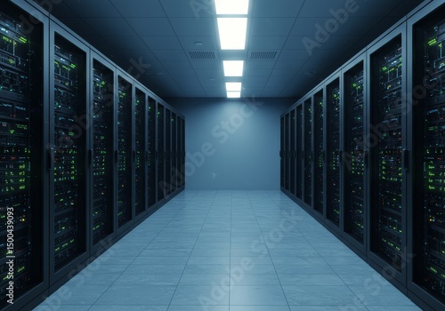 Data Center Interior Perspective With Rows Of Servers And Blue Hues