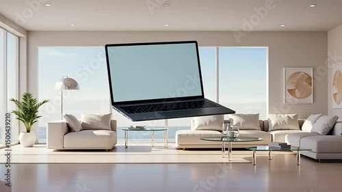 Wallpaper Mural Modern living room with a floating laptop showcasing minimalist design and serene ocean view Torontodigital.ca