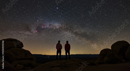 Night Sky Milky Way Galaxy Silhouette Two People Standing Observing Red Coats
