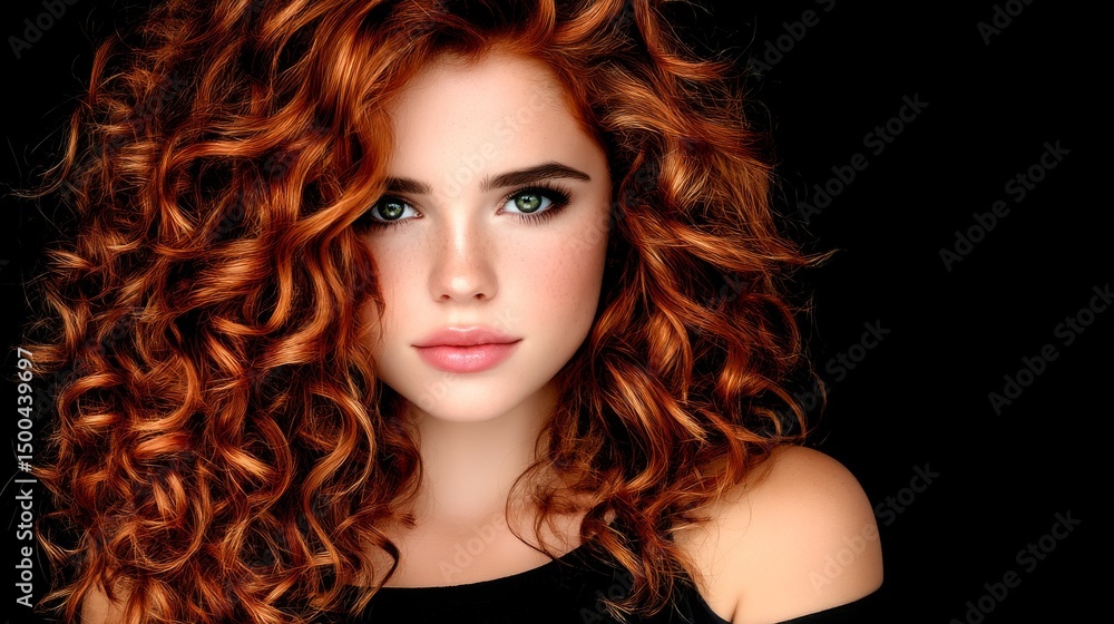 Fototapeta premium Close-up of a young woman with vibrant curly red hair and striking blue eyes