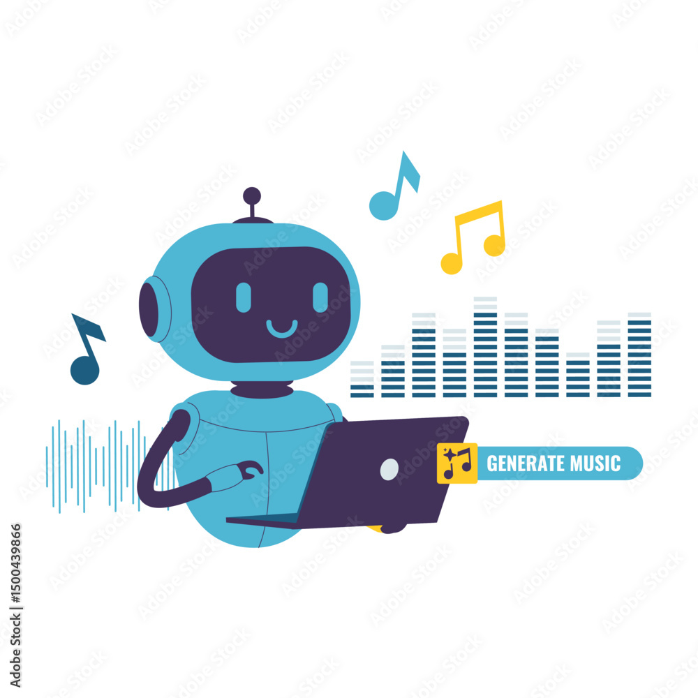 Flat Illustration of AI Robot Generating Music Using Laptop and Sound Visualization. Illustrations for websites, landing pages, mobile apps, posters and banners Flat Illustration of AI Robot Generating Music Using Laptop and Sound Visualization. Illustrations for websites, landing pages, mobile apps, posters and banners