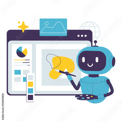 Flat Illustration of a AI Robot Creating Digital Art with a Paintbrush on a Computer Screen. Illustrations for websites, landing pages, mobile apps, posters and banners