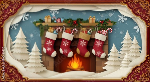 Paper Cutout Christmas Illustration Showing Fireplace Stockings and Snow