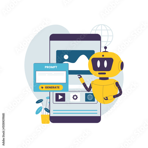 Flat Illustration of AI Robot Generating User Interface with Prompt. Illustrations for websites, landing pages, mobile apps, posters and banners