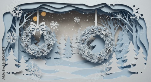 Paper Cutout Winter Scene of Two Wreaths in Blue and White Illustration