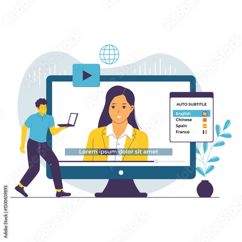 Flat Illustration of AI-Powered Auto Subtitle Feature. Illustrations for websites, landing pages, mobile apps, posters and banners