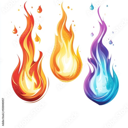 Three stylized fireballs, orange, blue, and purple