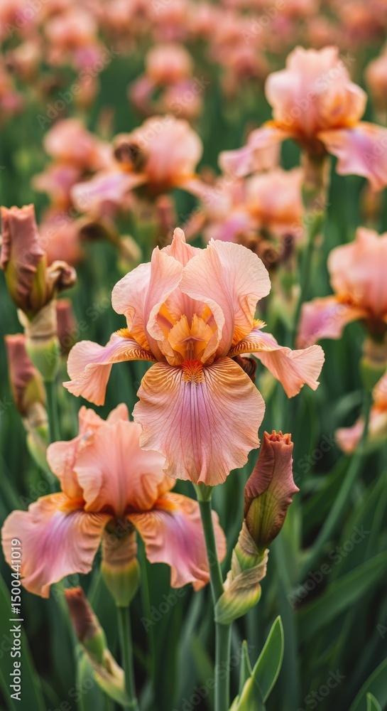 Naklejka premium Photo Iris Bloom With Pink And Orange Petals In A Field With Green Background