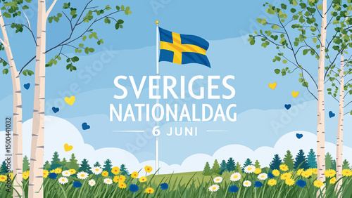 Stylized child’s drawing card celebrating Swedish National Day with Swedish flag, wildflowers, birch trees and text 